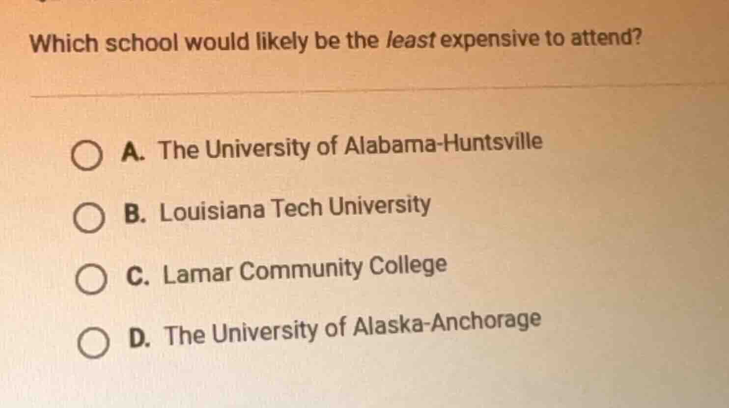 which school would likely be the least expensive to attend? a. the univ…