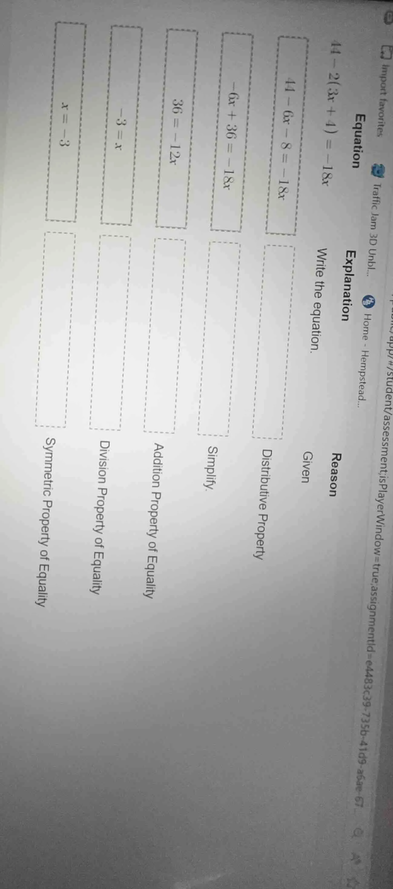 equation 44 - 2(3x + 4) = -18x explanation write the equation. reason\t…