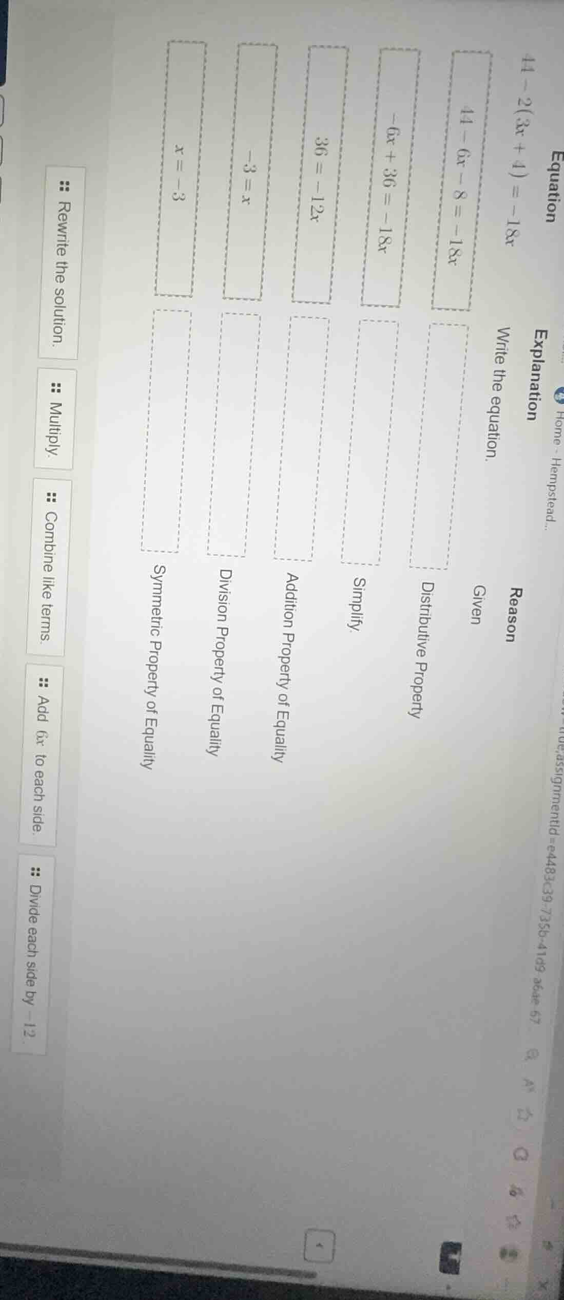 equation 44 - 2(3x + 4) = -18x explanation write the equation. rewrite …