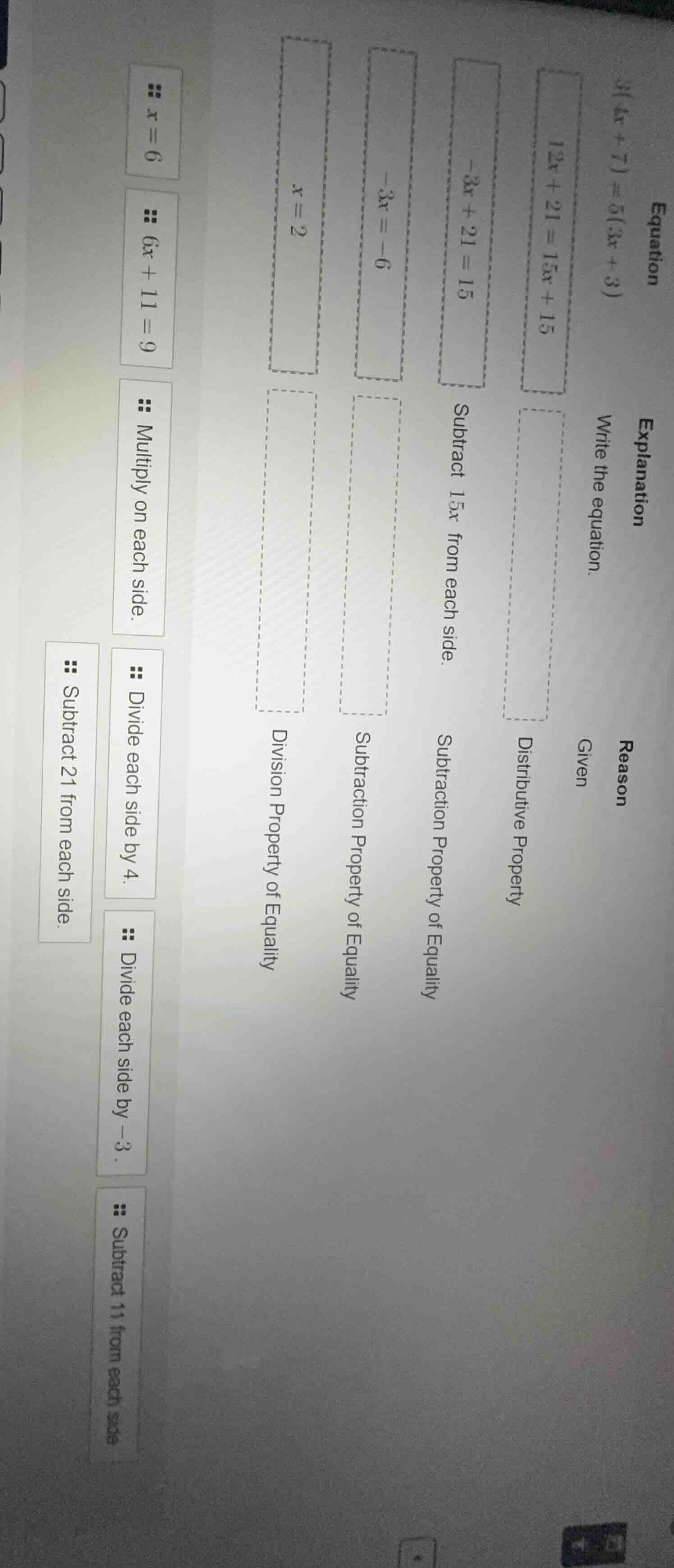 equation 3)(4x + 7) = 5(3x + 3) explanation write the equation. reason …