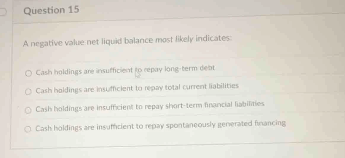 question 15 a negative value net liquid balance most likely indicates: …