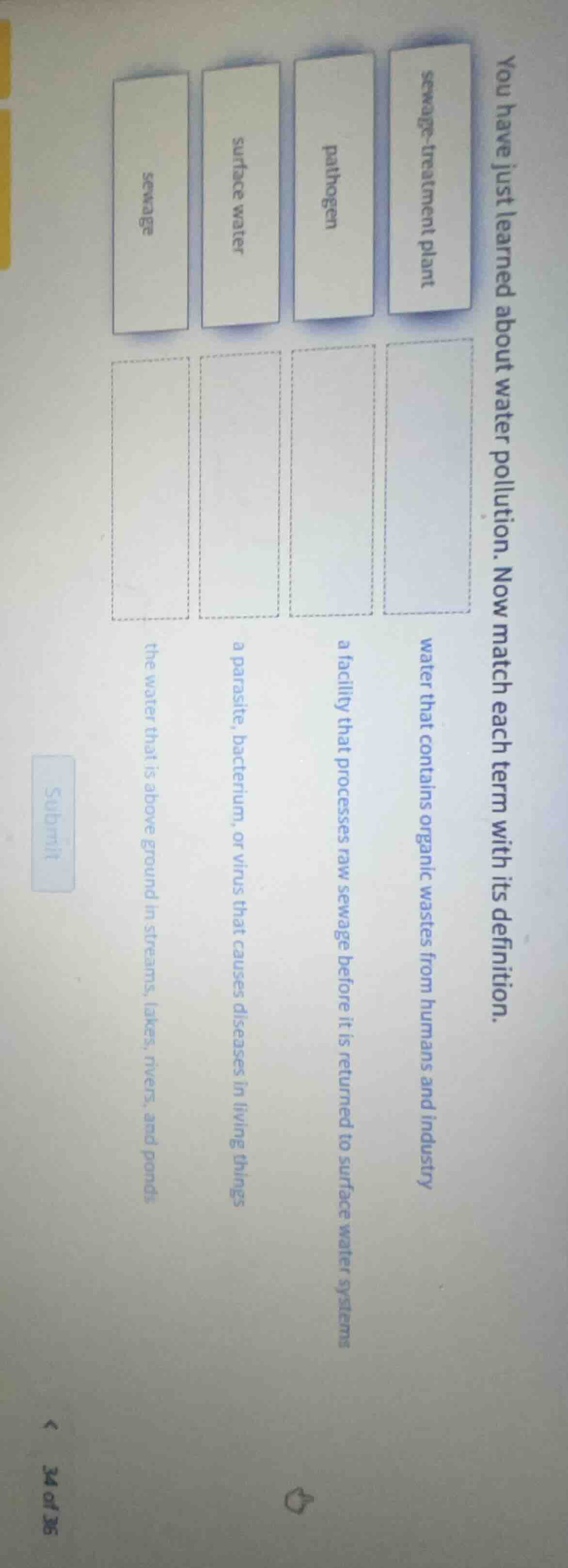 you have just learned about water pollution. now match each term with i…