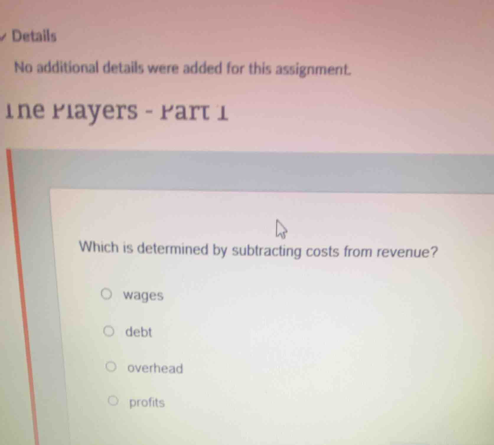 which is determined by subtracting costs from revenue? wages debt overh…