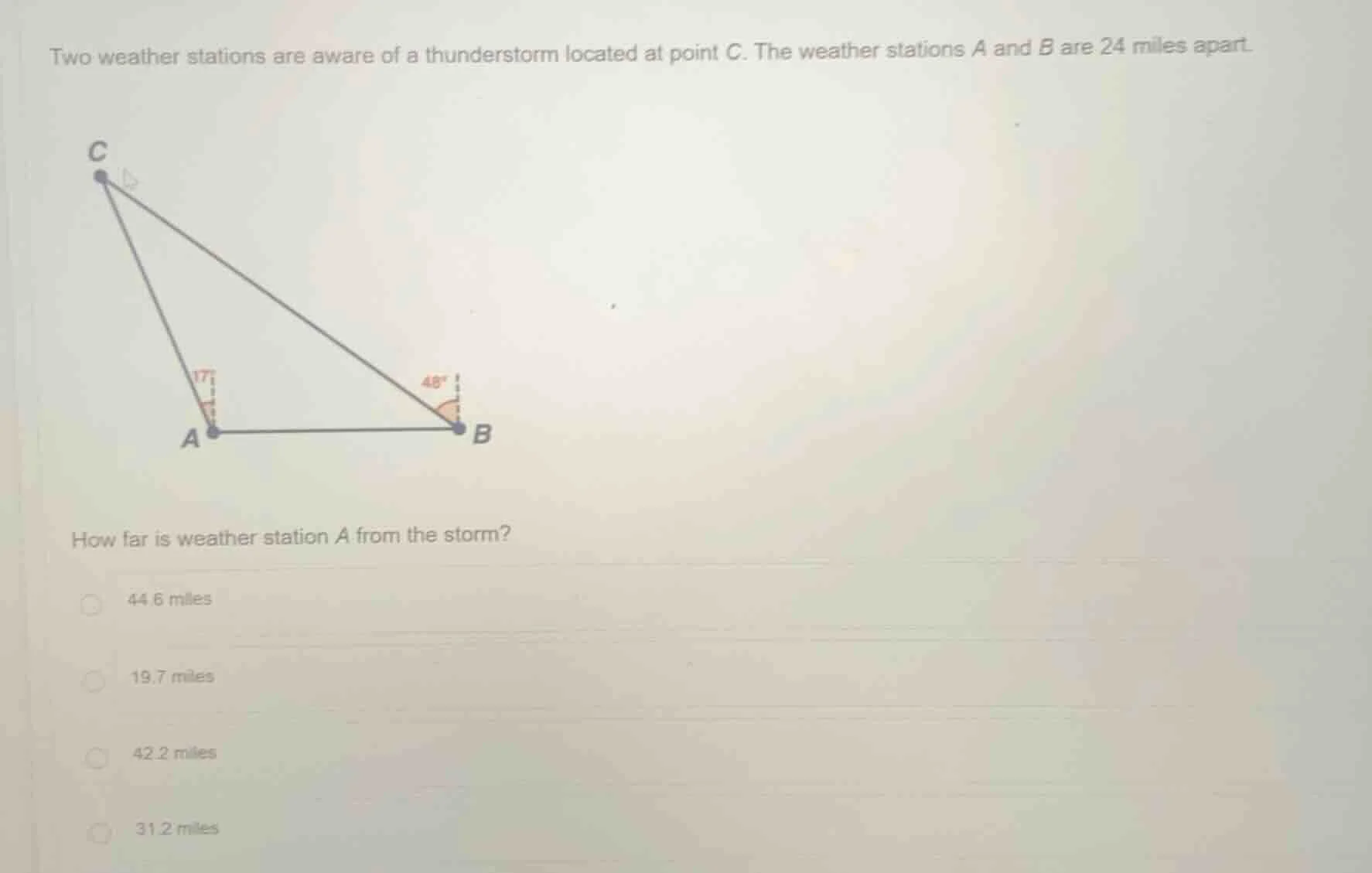 two weather stations are aware of a thunderstorm located at point c. th…