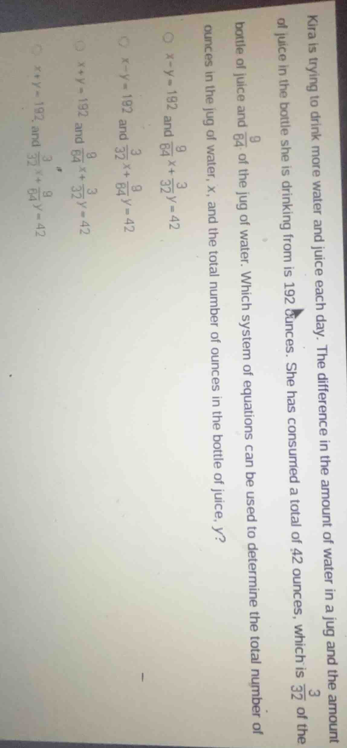 kira is trying to drink more water and juice each day. the difference i…