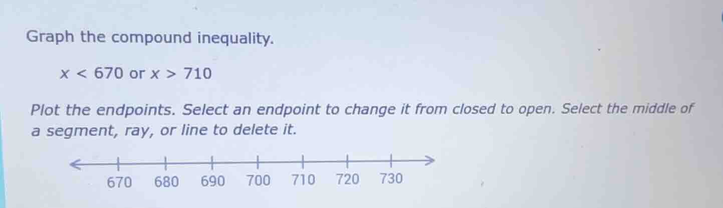 graph the compound inequality. x < 670 or x > 710 plot the endpoints. s…