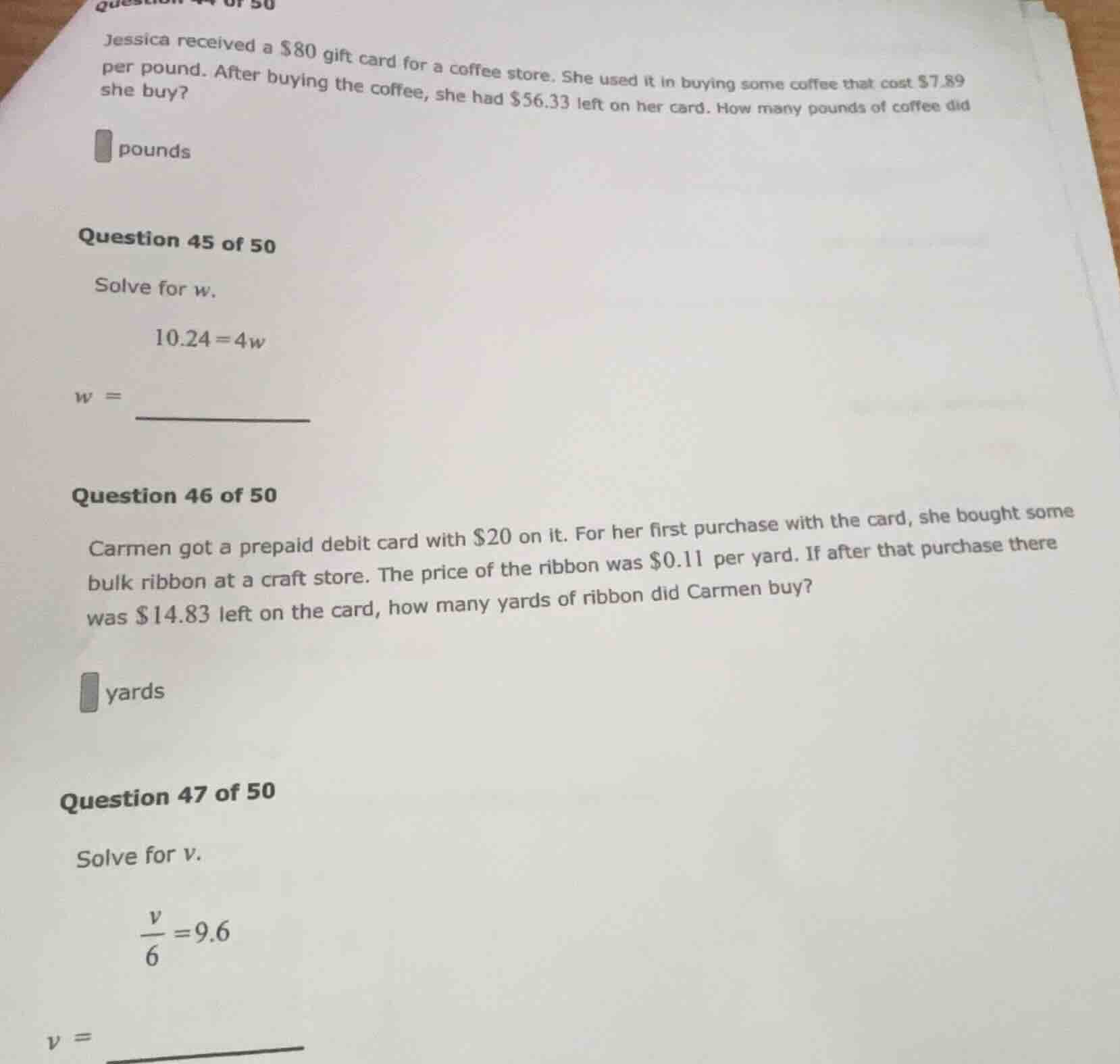 question 44 of 50 jessica received a $80 gift card for a coffee store. …