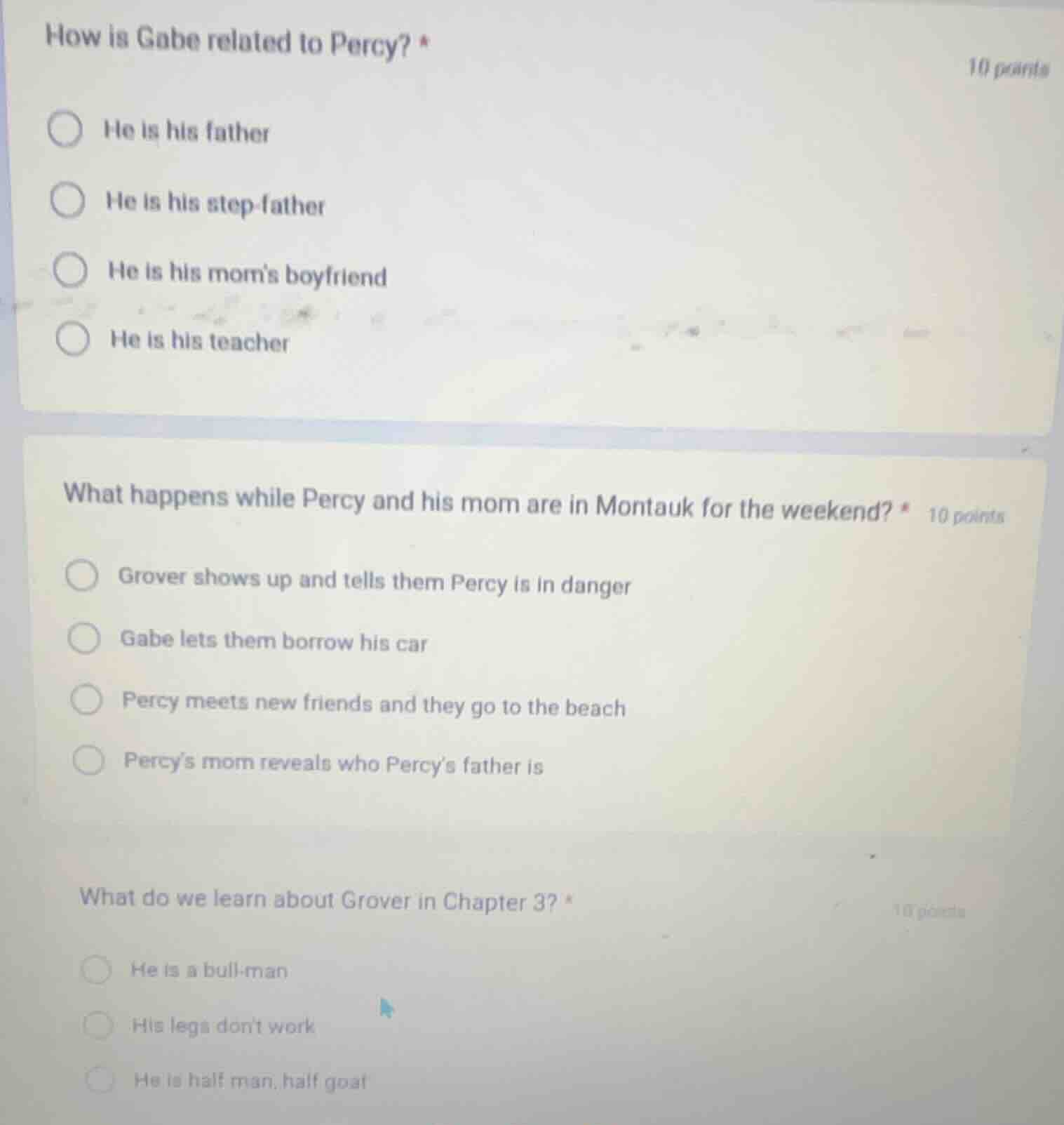 how is gabe related to percy? * ○ he is his father ○ he is his step - f…