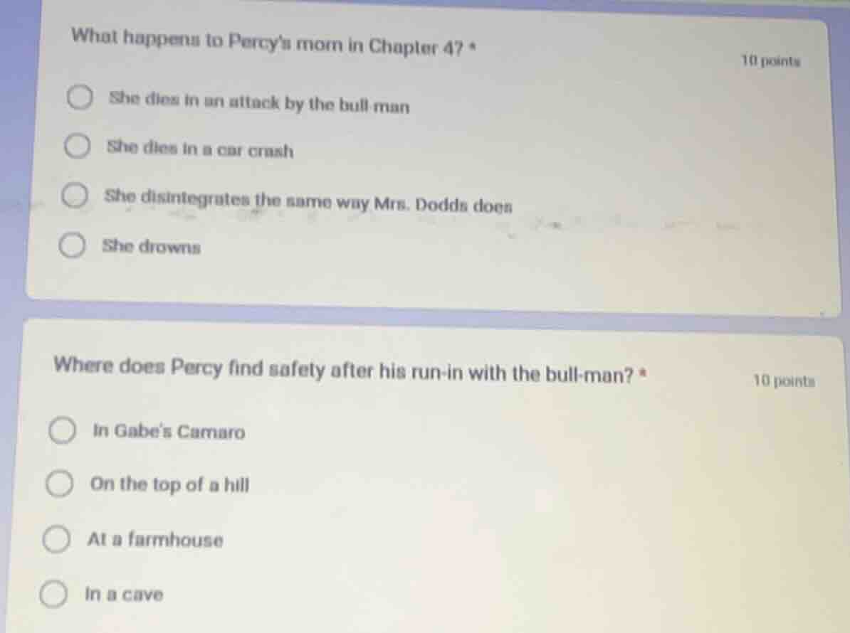 what happens to percys mom in chapter 4? * she dies in an attack by the…