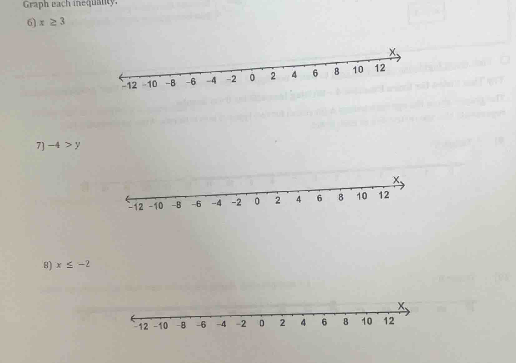 graph each inequality. 6) ( x geq 3 ) 7) ( -4 > y ) 8) ( x leq -2 )