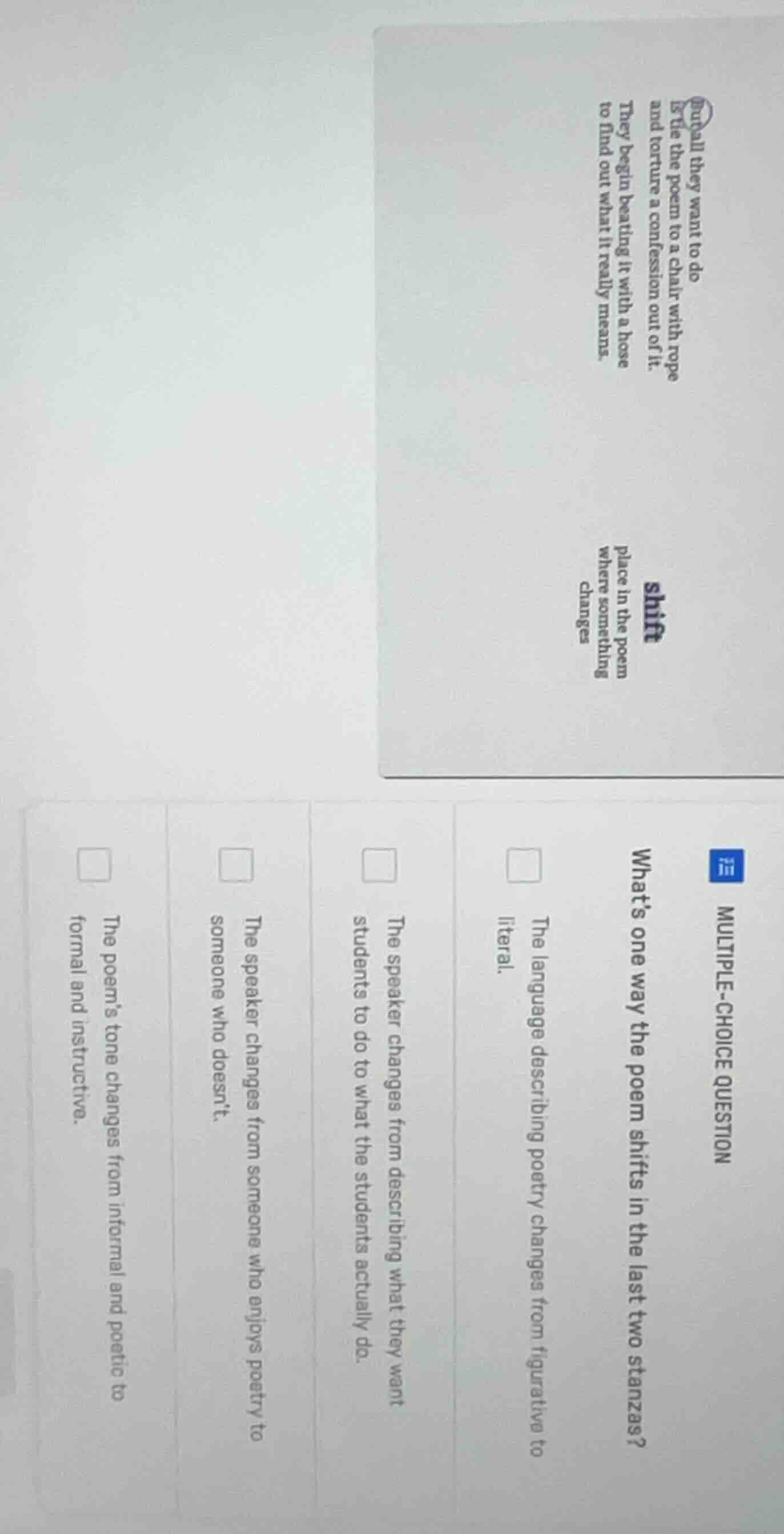 multiple-choice question whats one way the poem shifts in the last two …