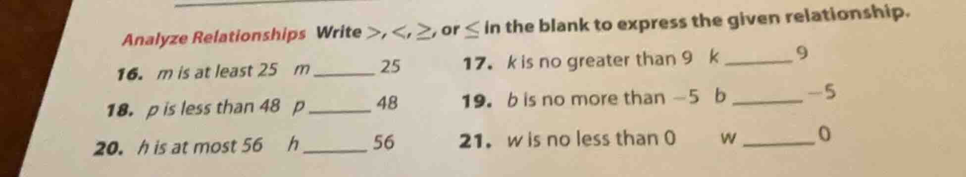 analyze relationships write >, <, ≥, or ≤ in the blank to express the g…