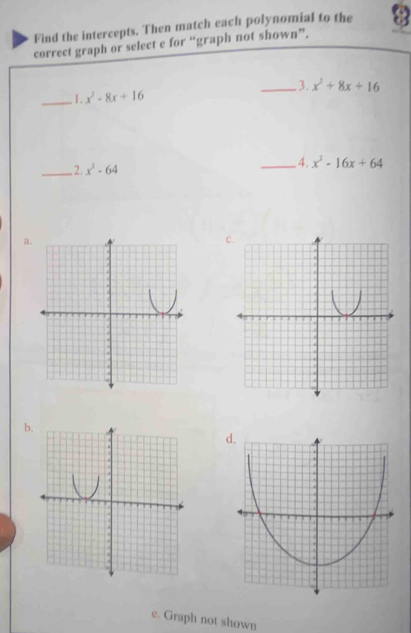 find the intercepts. then match each polynomial to the correct graph or…