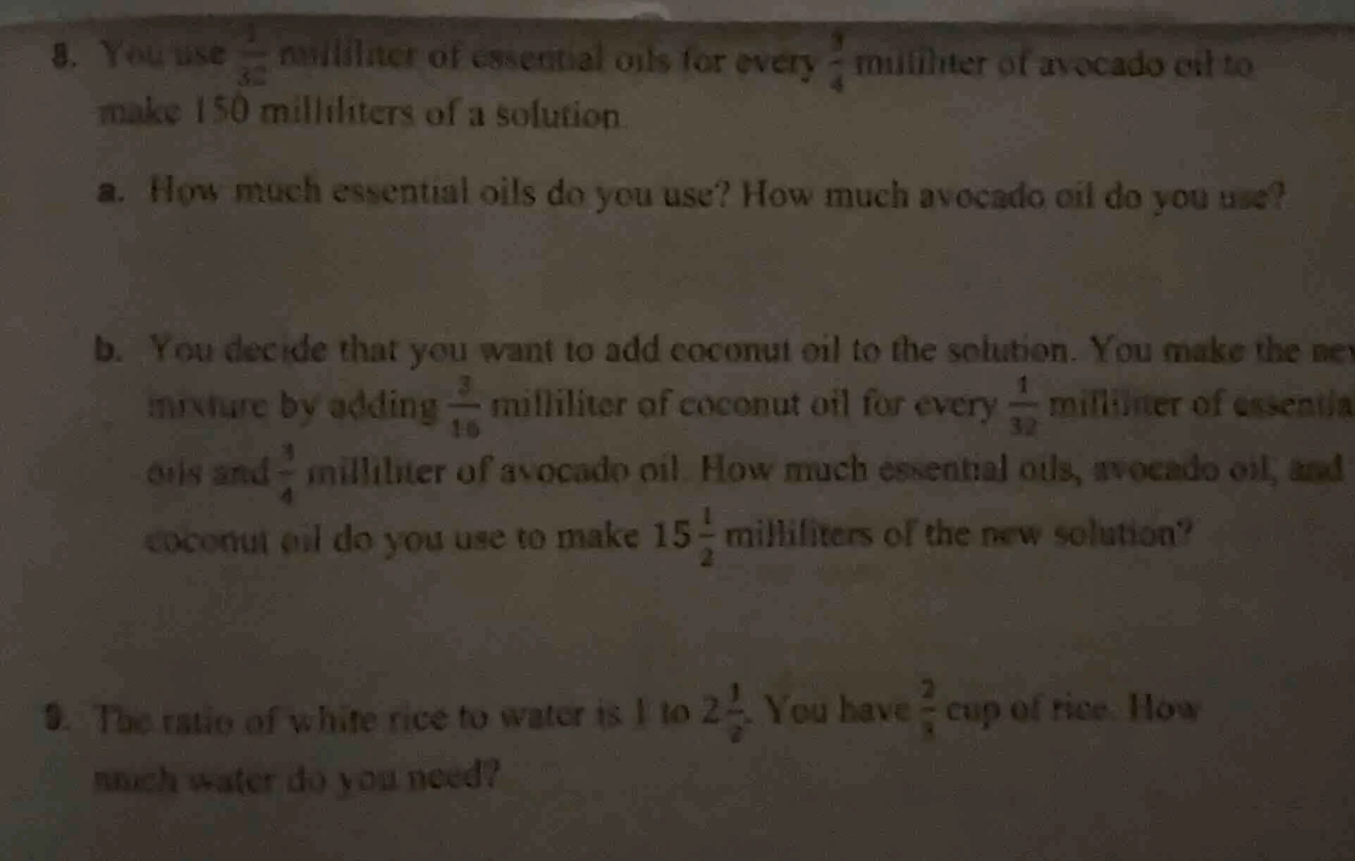 8. you use \\(\\frac{1}{32}\\) milliliter of essential oils for every \…