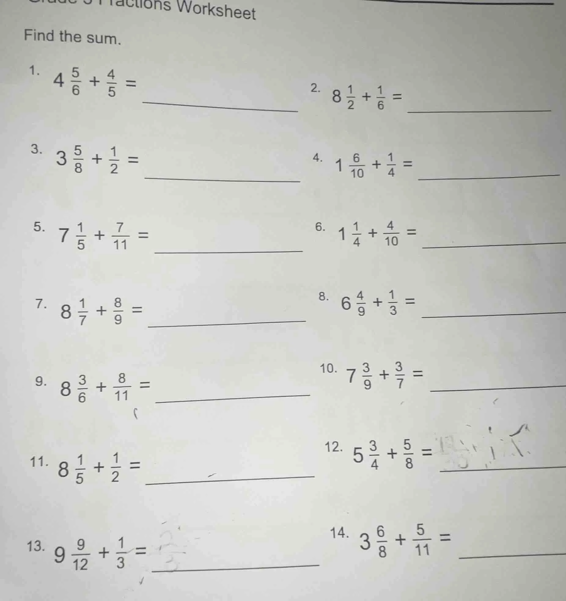 fractions worksheet find the sum. 1. $4\\frac{5}{6} + \\frac{4}{5} =$ 2…