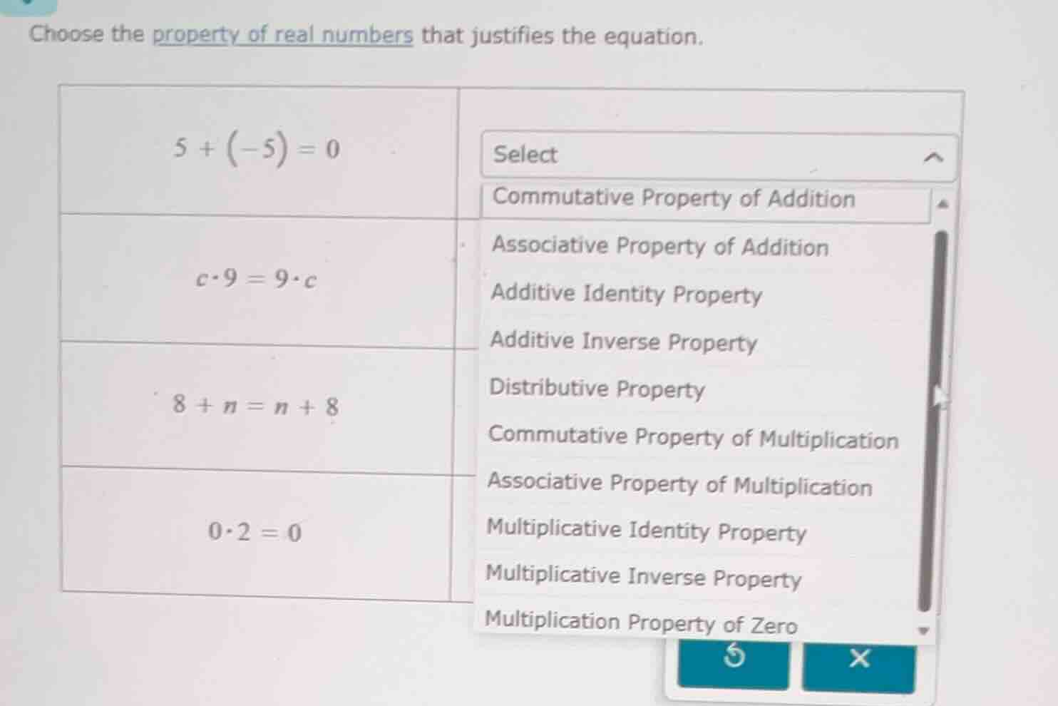 choose the property of real numbers that justifies the equation. $5 + \…