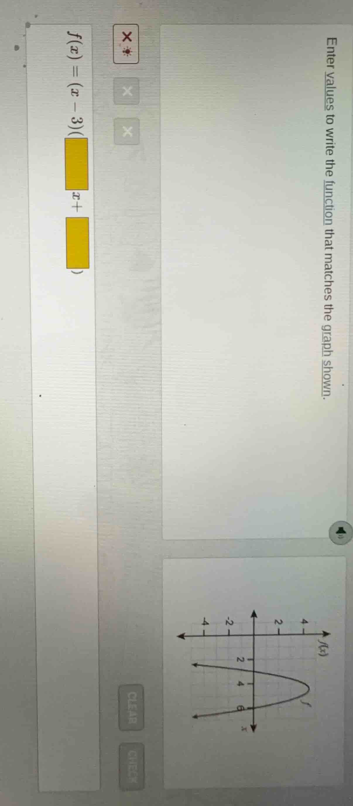 enter values to write the function that matches the graph shown. f(x) =…