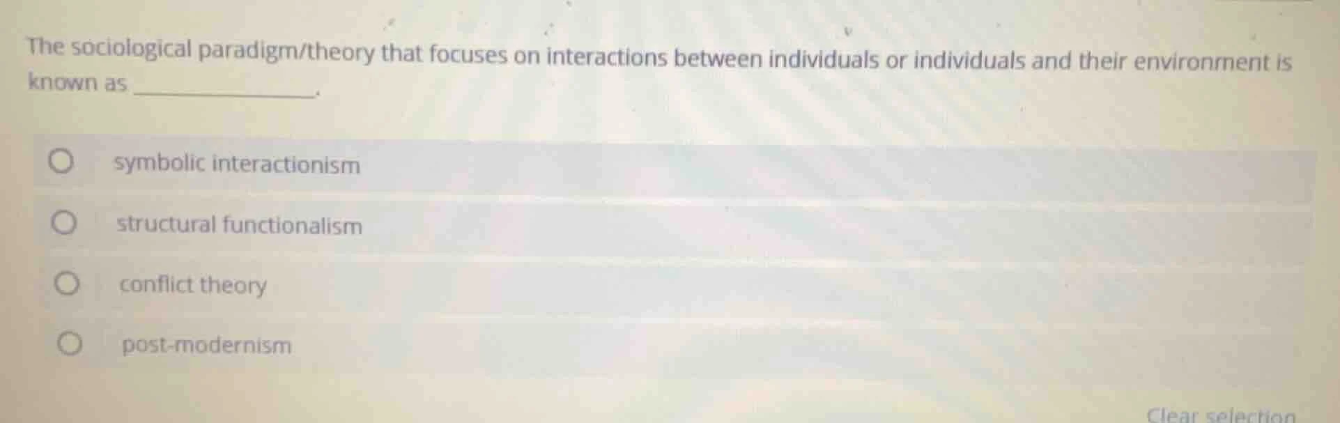 the sociological paradigm/theory that focuses on interactions between i…