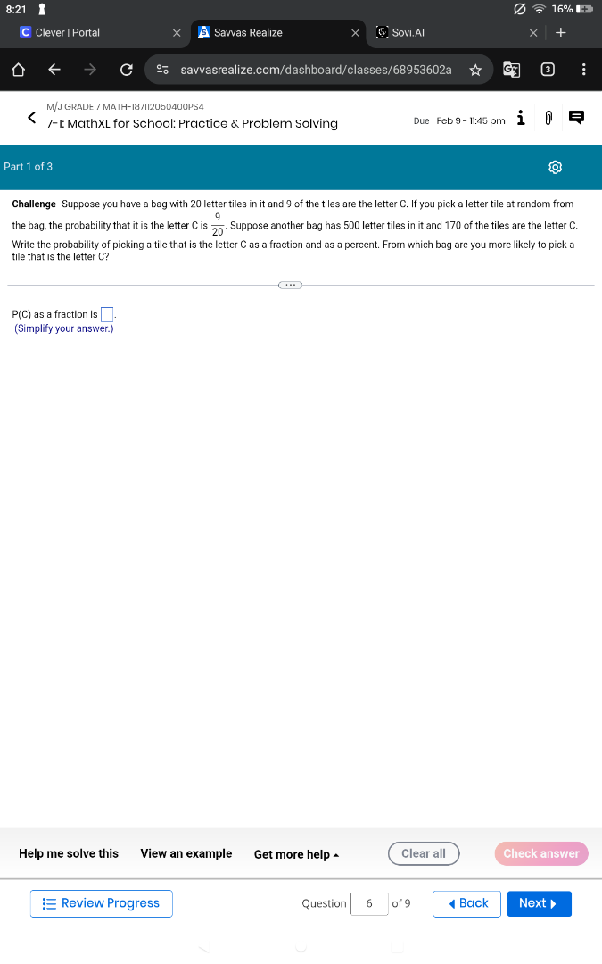 challenge suppose you have a bag with 20 letter tiles in it and 9 of th…