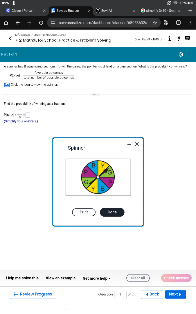a spinner has 8 equal - sized sections. to win the game, the pointer mu…