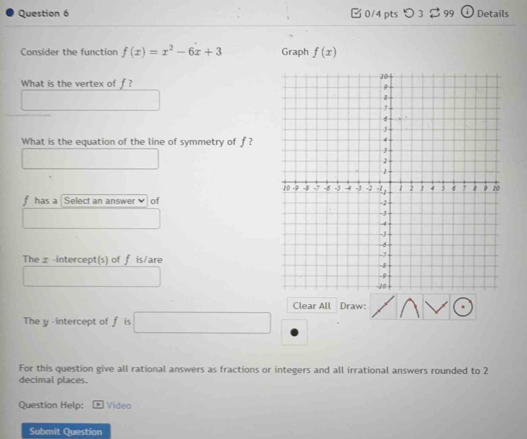 question 6 consider the function $f(x)=x^2 - 6x + 3$ graph $f(x)$ what …
