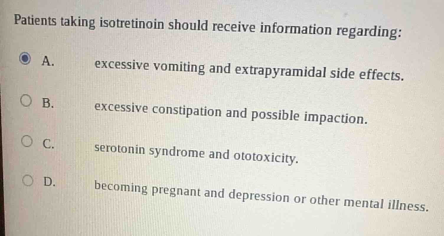 patients taking isotretinoin should receive information regarding: a. e…
