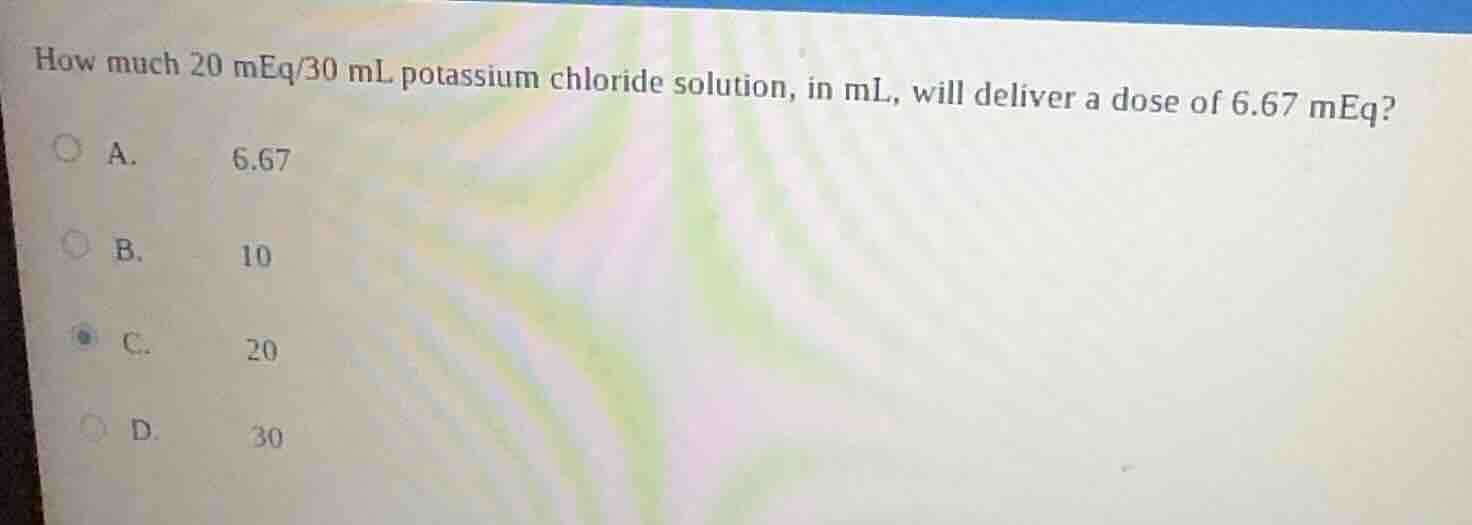 how much 20 meq/30 ml potassium chloride solution, in ml, will deliver …