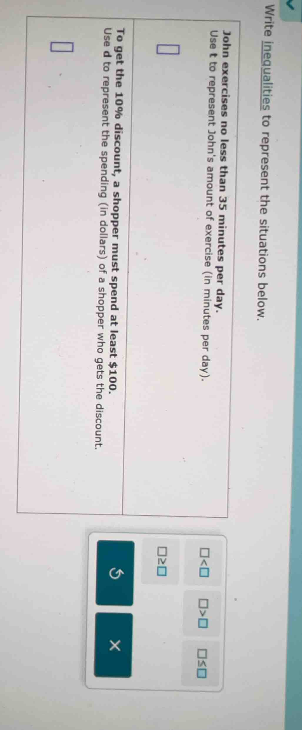 write inequalities to represent the situations below. john exercises no…