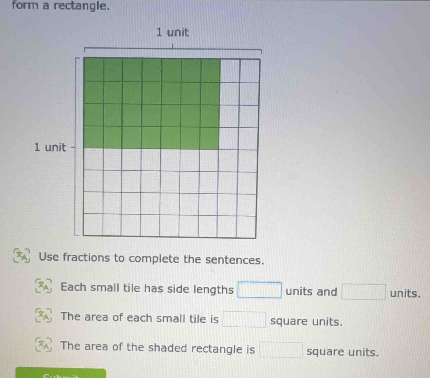 form a rectangle. use fractions to complete the sentences. each small t…
