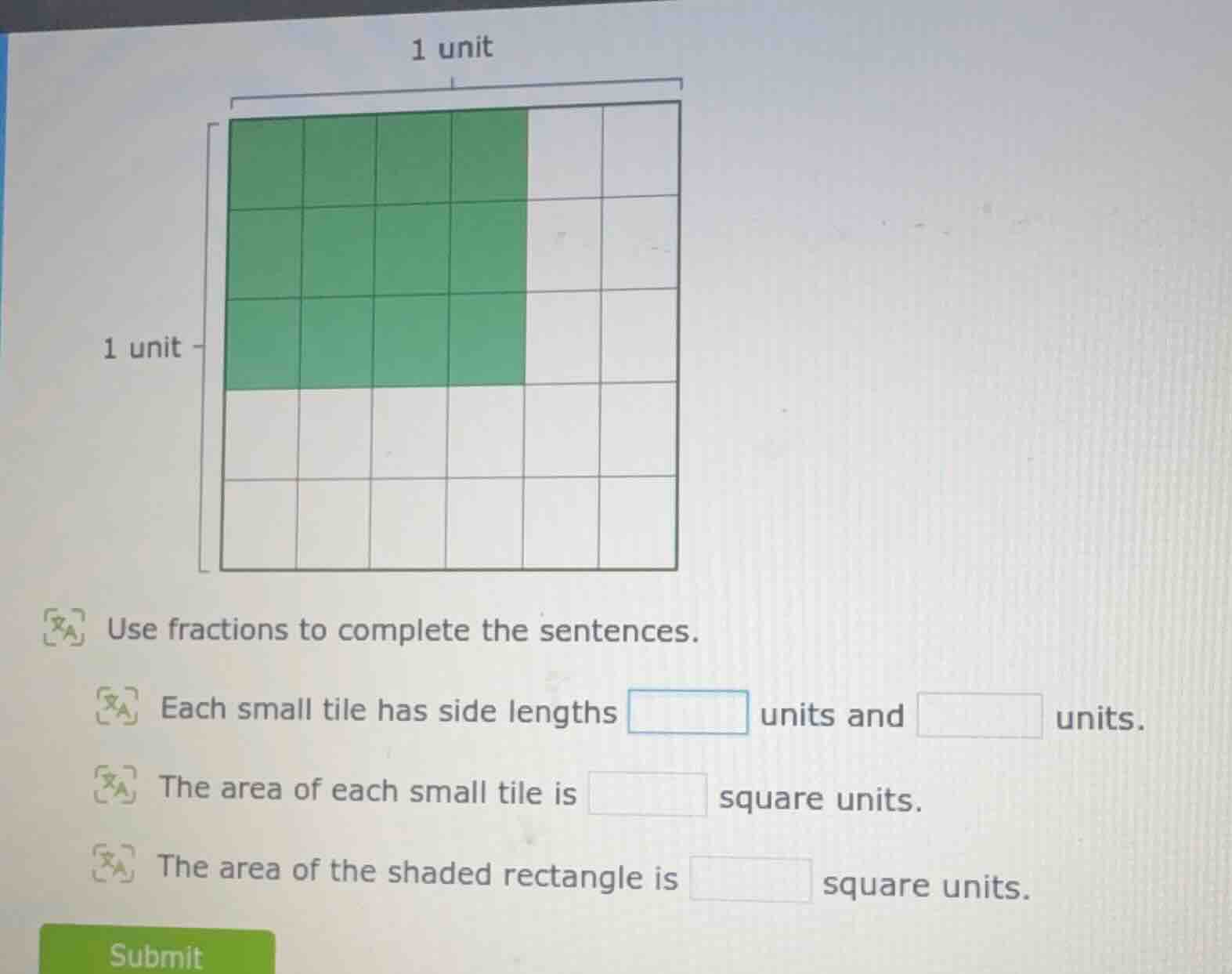 1 unit 1 unit use fractions to complete the sentences. each small tile …