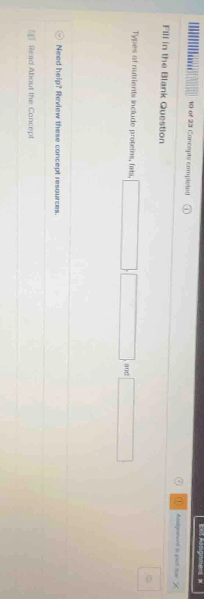 fill in the blank question types of nutrients include proteins, fats, n…