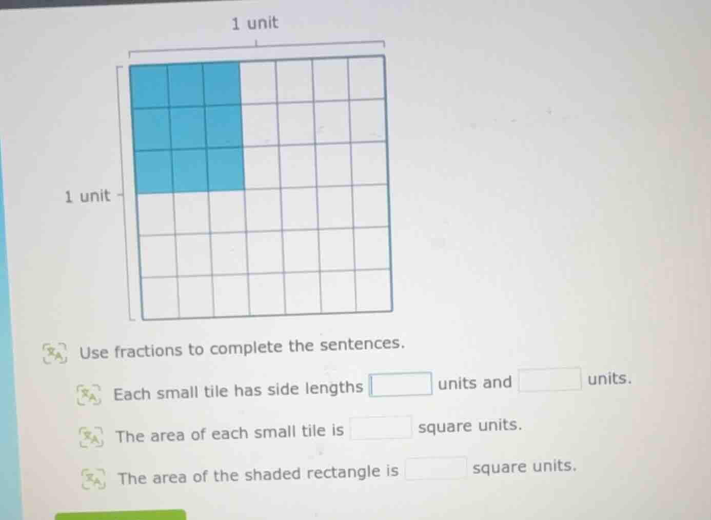 1 unit 1 unit use fractions to complete the sentences. each small tile …