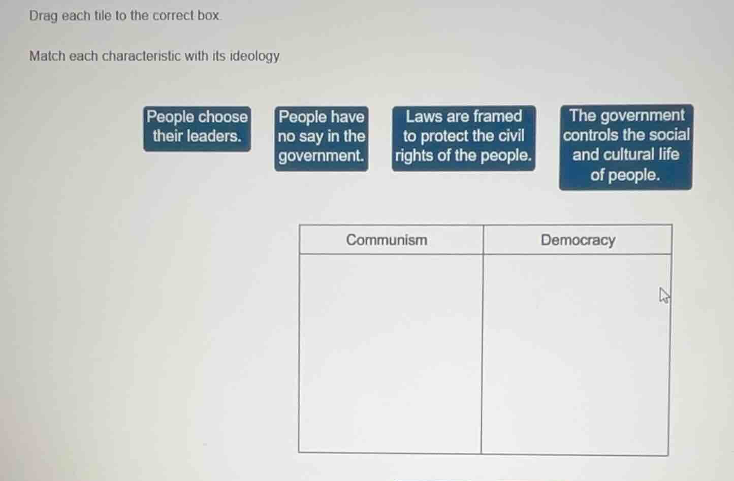 drag each tile to the correct box. match each characteristic with its i…
