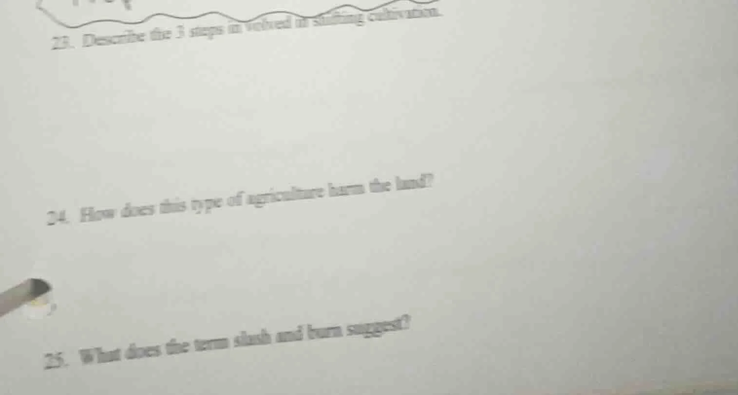 23. describe the 3 steps involved in shifting cultivation. 24. how does…