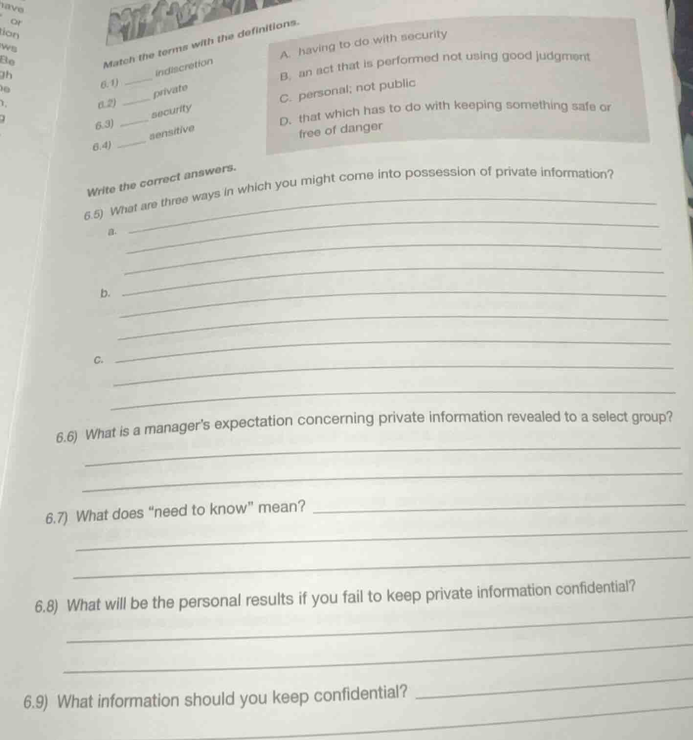 match the terms with the definitions. 6.1) ____ indiscretion 6.2) ____ …