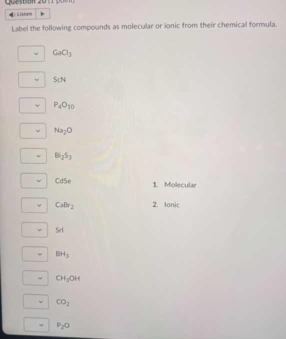 label the following compounds as molecular or ionic from their chemical…