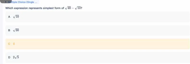 which expression represents simplest form of \\(\\sqrt{40} - \\sqrt{10}…