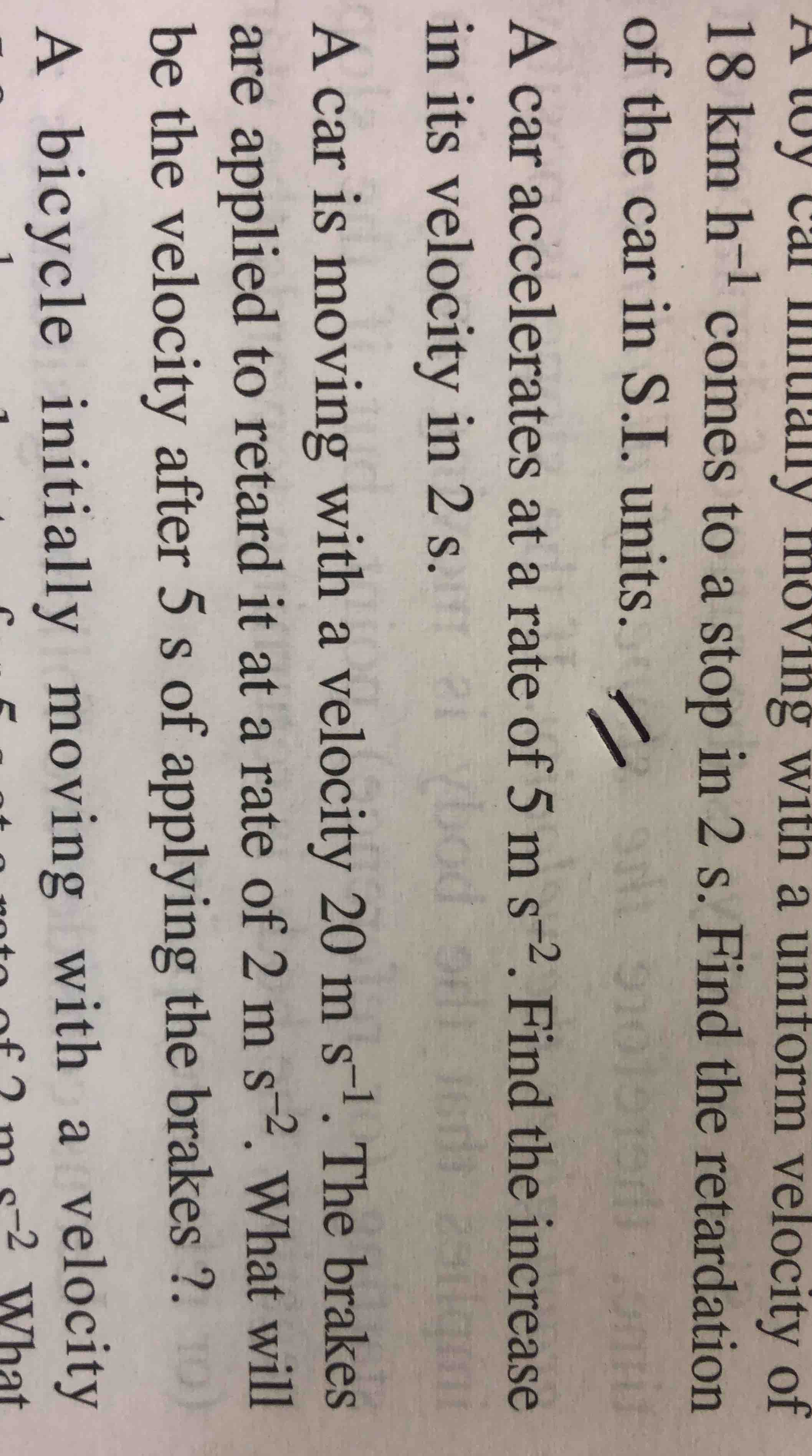 a car initially moving with a uniform velocity of 18 km h⁻¹ comes to a …