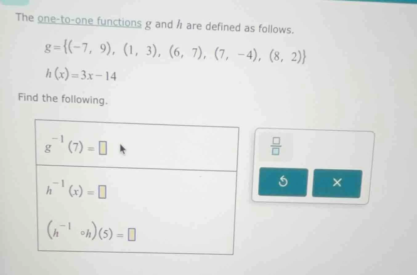the one-to-one functions g and h are defined as follows. g={(-7, 9), (1…