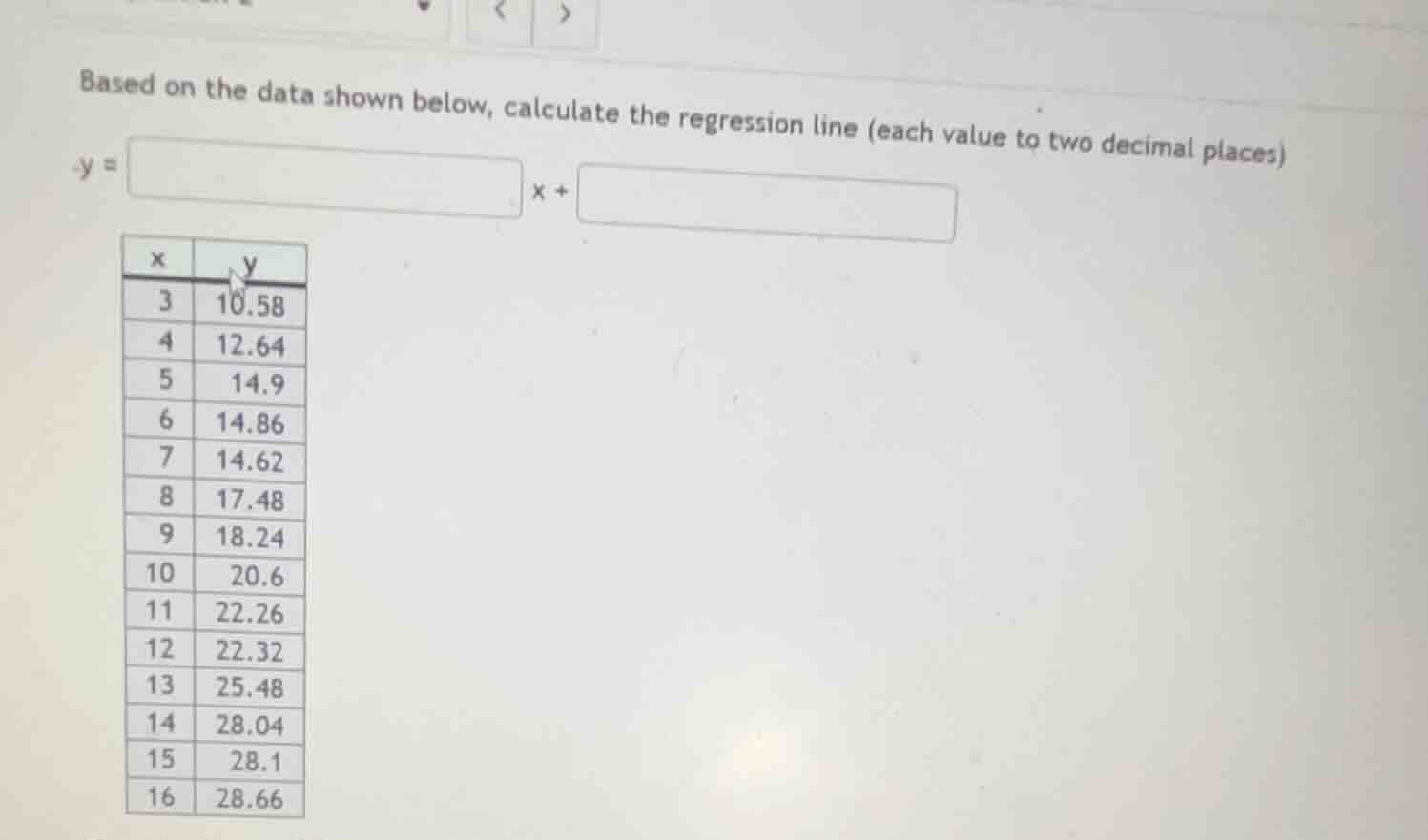 based on the data shown below, calculate the regression line (each valu…