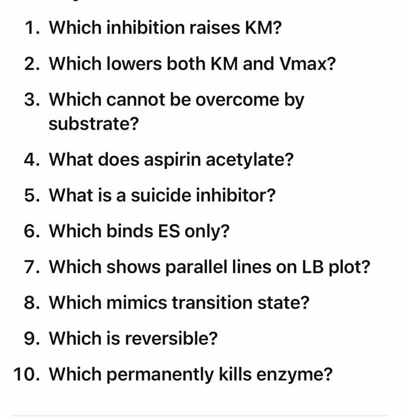 1. which inhibition raises km? 2. which lowers both km and vmax? 3. whi…