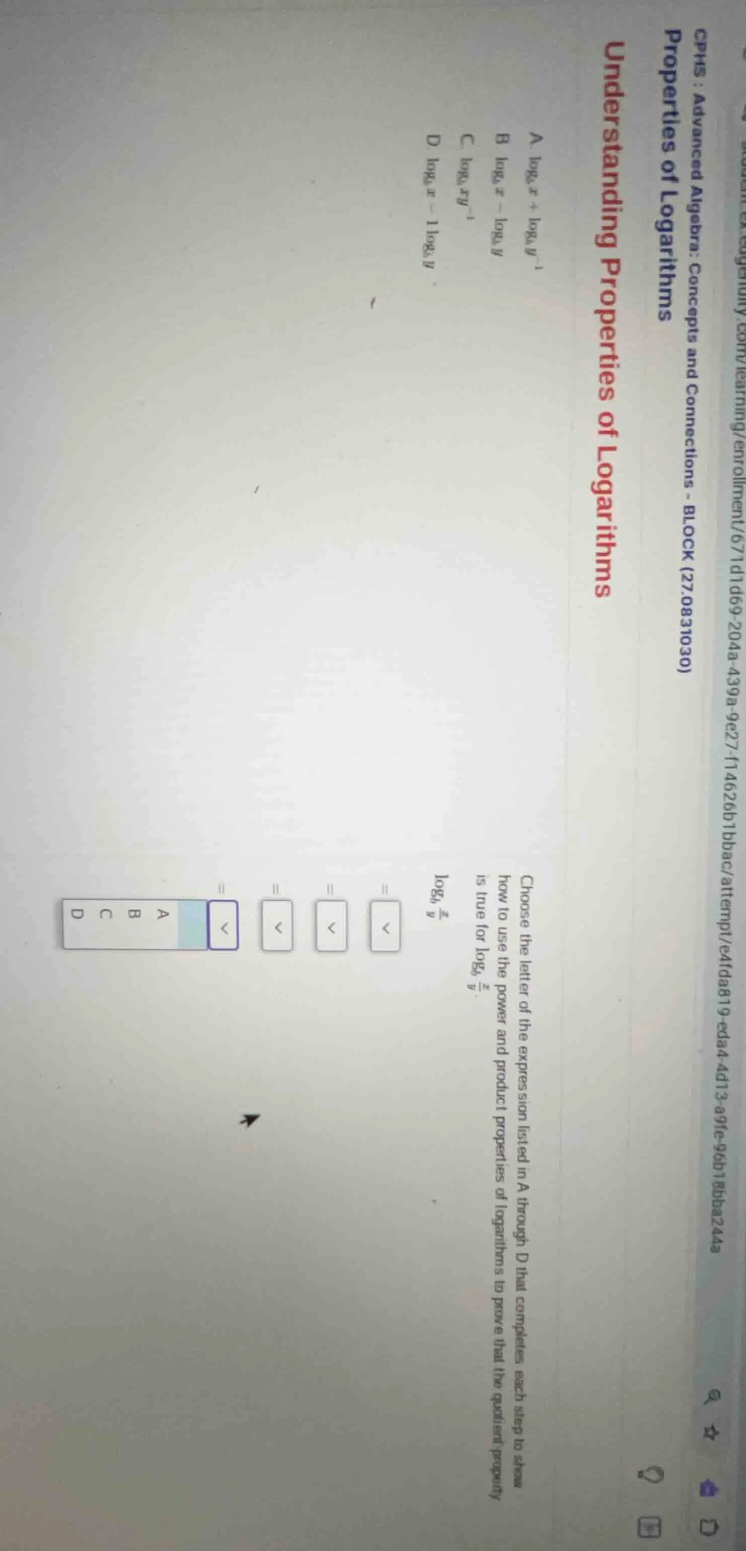 understanding properties of logarithms choose the letter of the express…