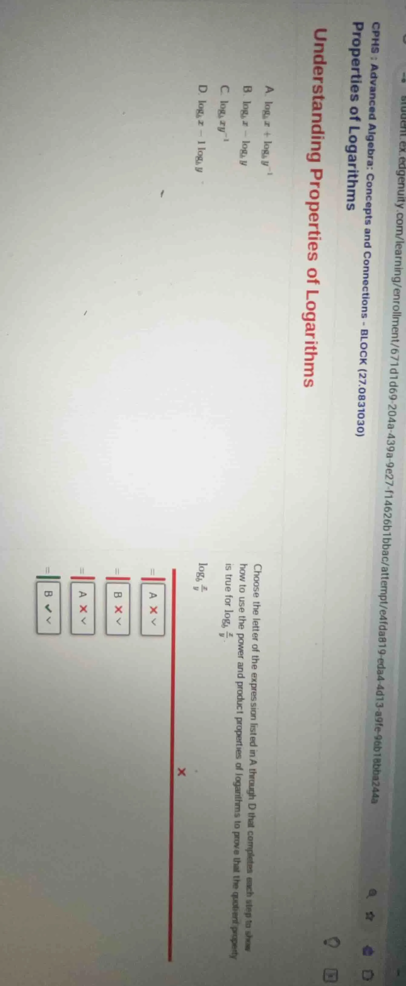 understanding properties of logarithms choose the letter of the express…