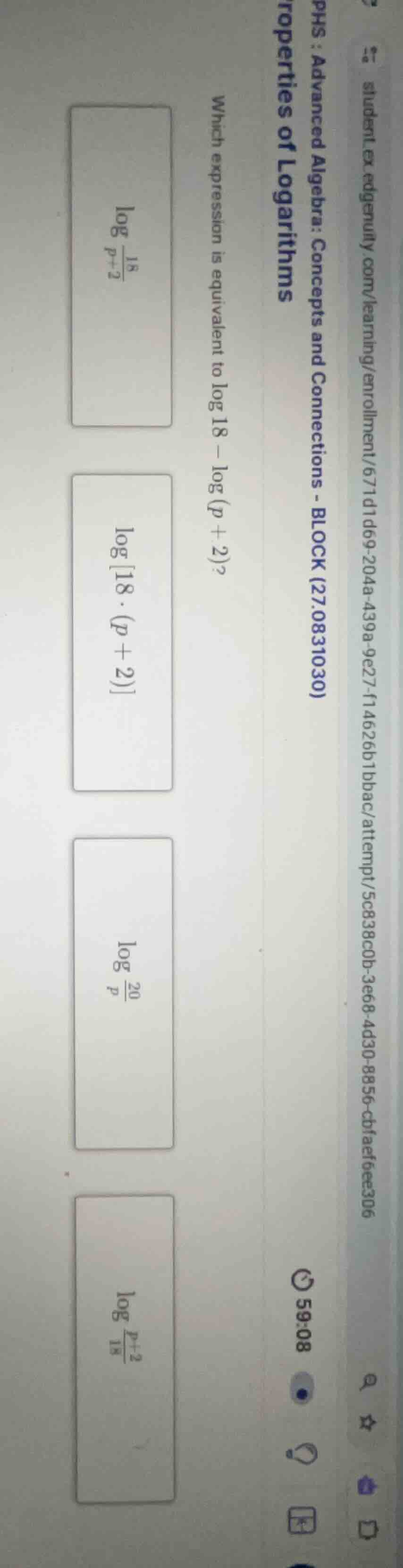 which expression is equivalent to \\(\\log 18 - \\log (p + 2)\\)?\ \\(\…
