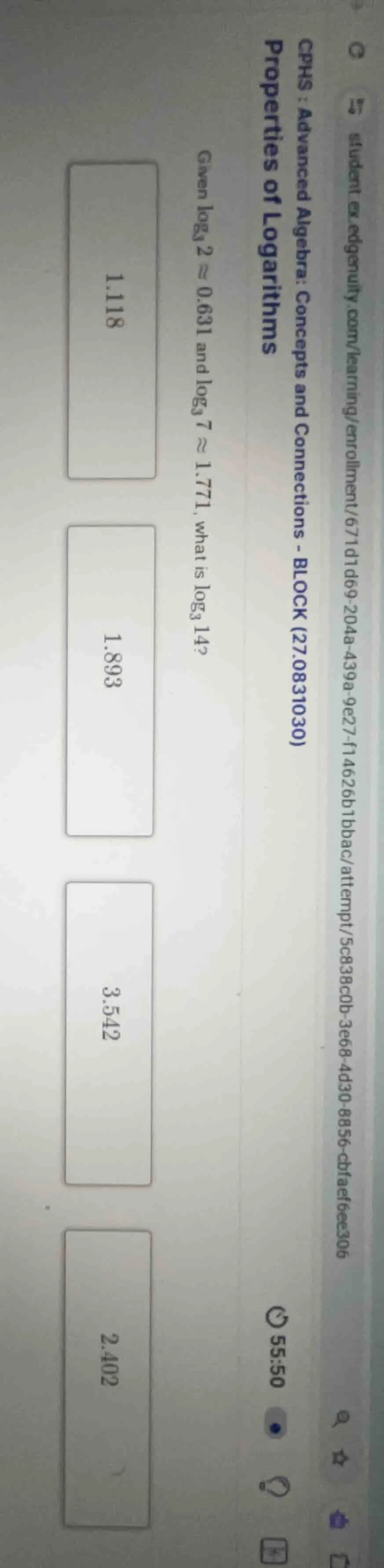 properties of logarithms given \\(\\log_3 2 \\approx 0.631\\) and \\(\\…