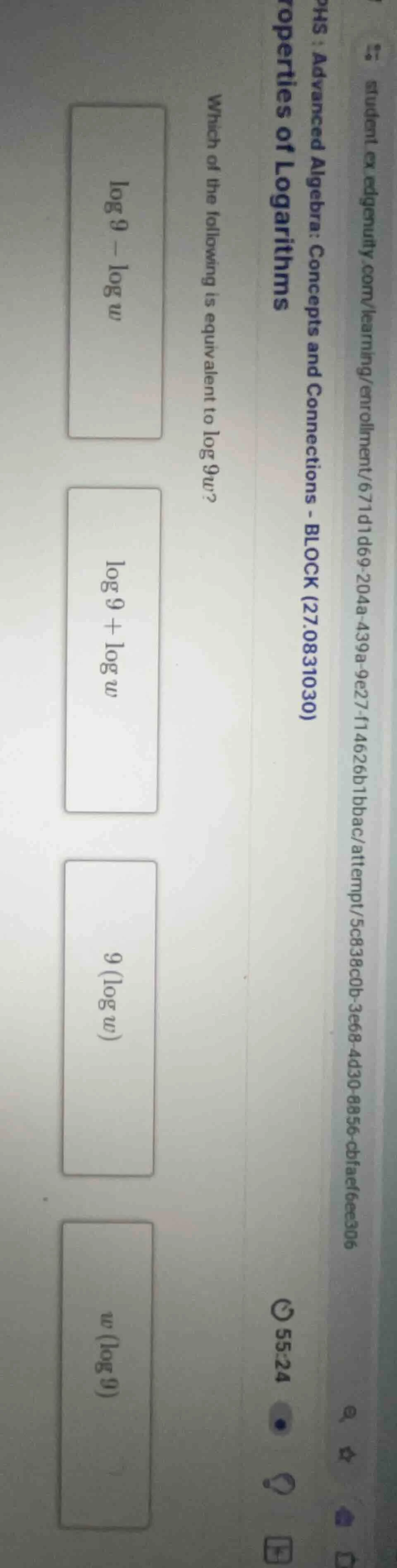 which of the following is equivalent to \\(\\log 9w\\)? \\(\\log 9 - \\…