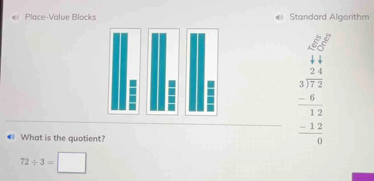 place-value blocks standard algorithm what is the quotient? 72 ÷ 3 = \\…