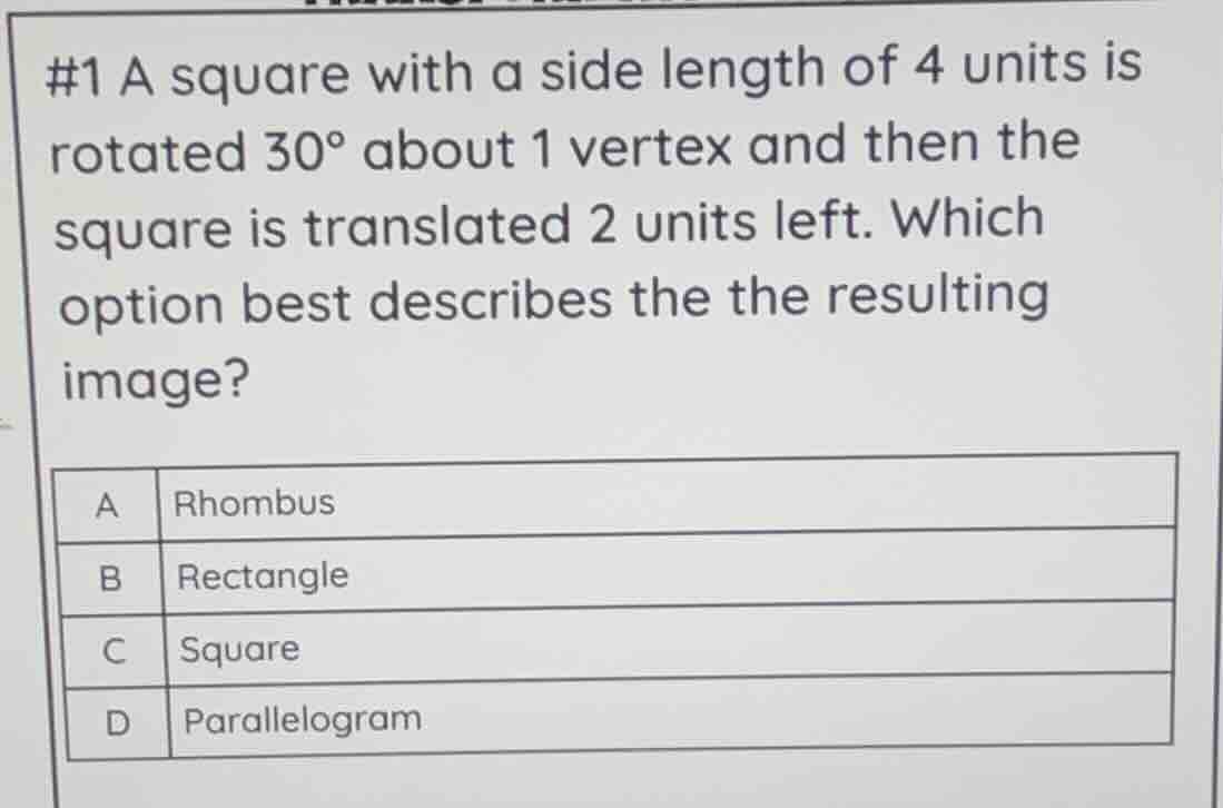 #1 a square with a side length of 4 units is rotated 30° about 1 vertex…