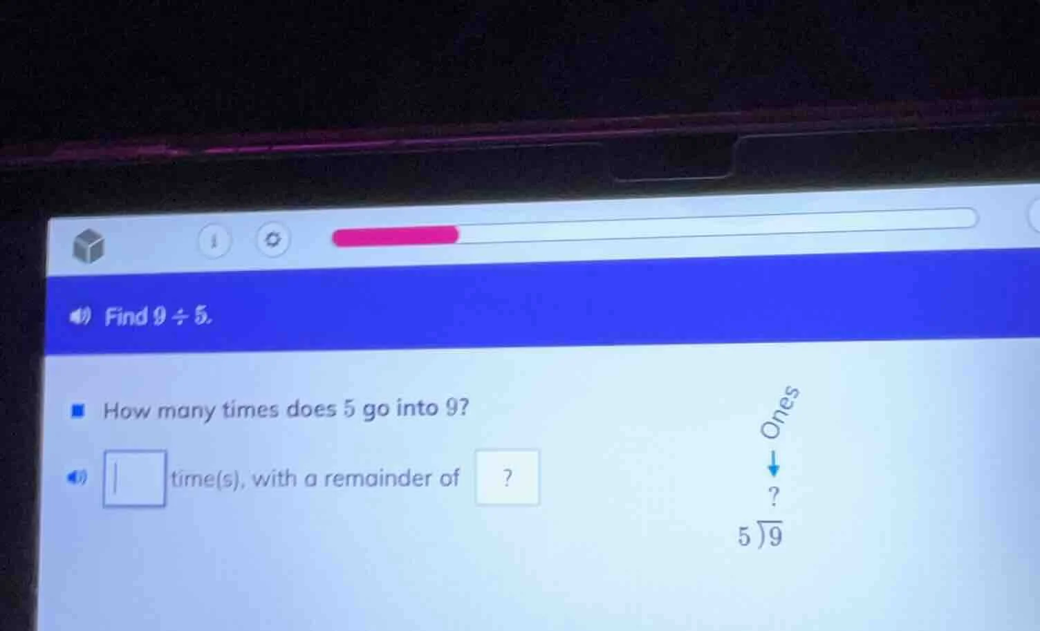 find $9\\div5$. how many times does 5 go into 9? \\boxed{} time(s), wit…