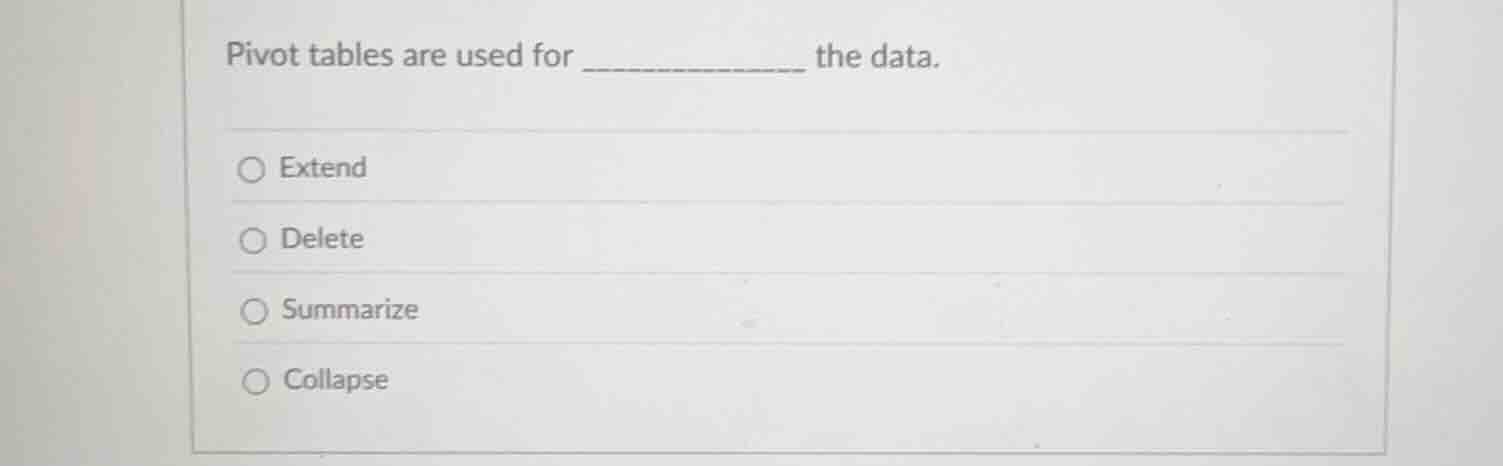 pivot tables are used for __________ the data. - extend - delete - summ…
